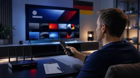 Mann prüft den Router, weil IPTV ruckelt