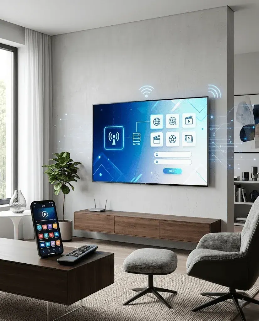 IPTV Smart TV im hellen Wohnzimmer mit App-Übersicht