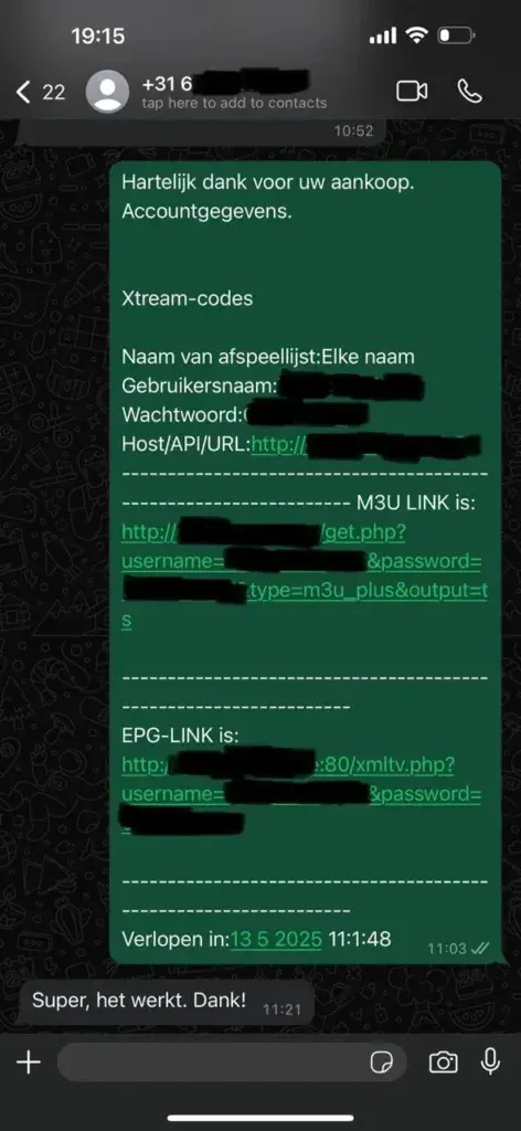 WhatsApp-Nachricht eines Kunden nach der Einrichtung (persönliche Daten unkenntlich gemacht)